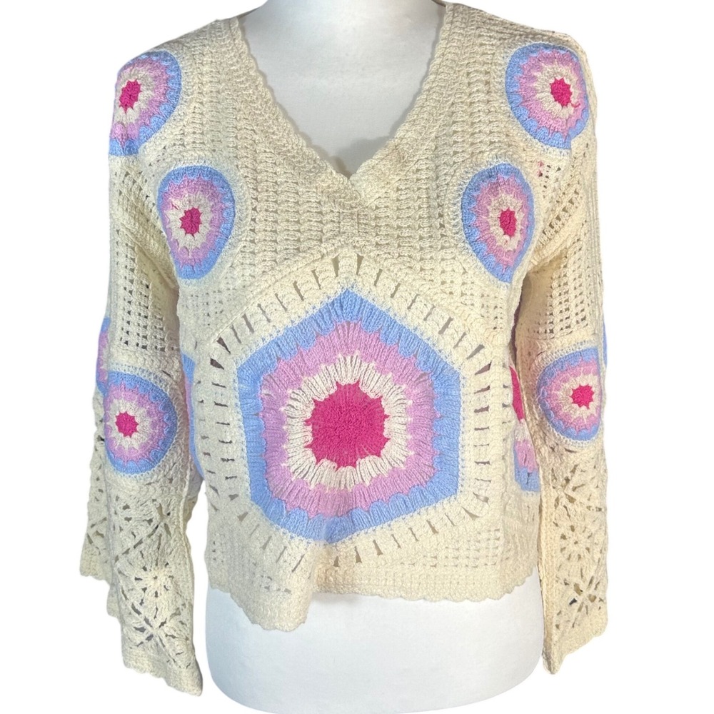 AZ Crochet Sweater NWT Women One Size Cream Pink Blue Granny Square  Boho